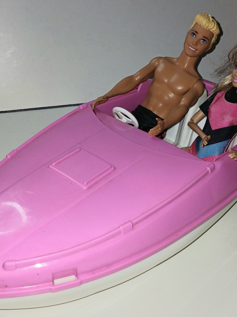 Vintage Barbie Pink Toy Speedboat with Steering Wheel Including Barbie & Ken